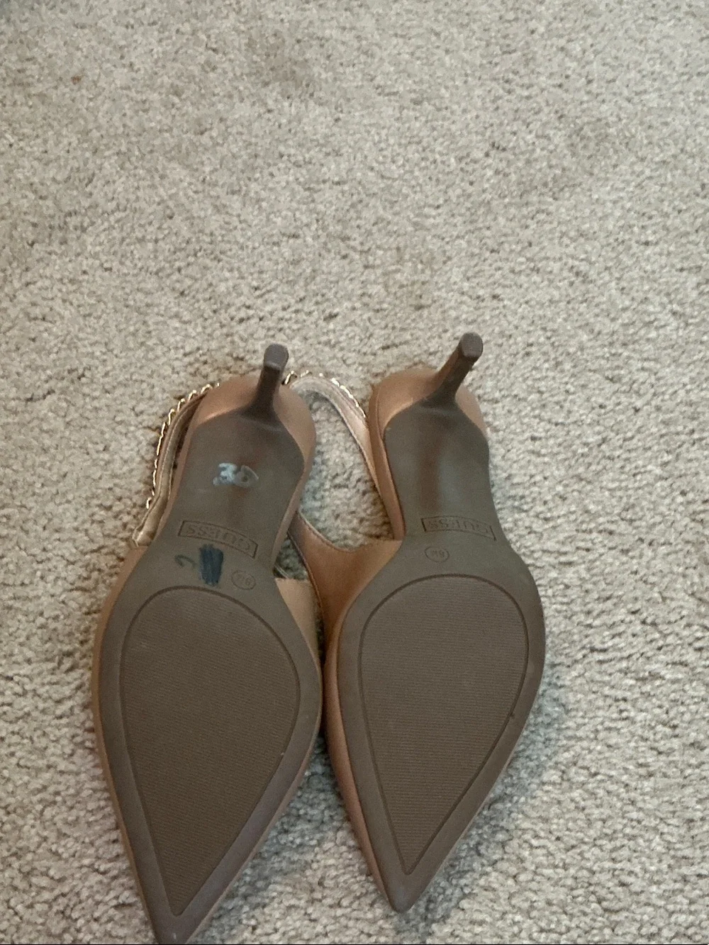 Guess Pointed Toe Slingback Heels in Tan  with Gold Chain